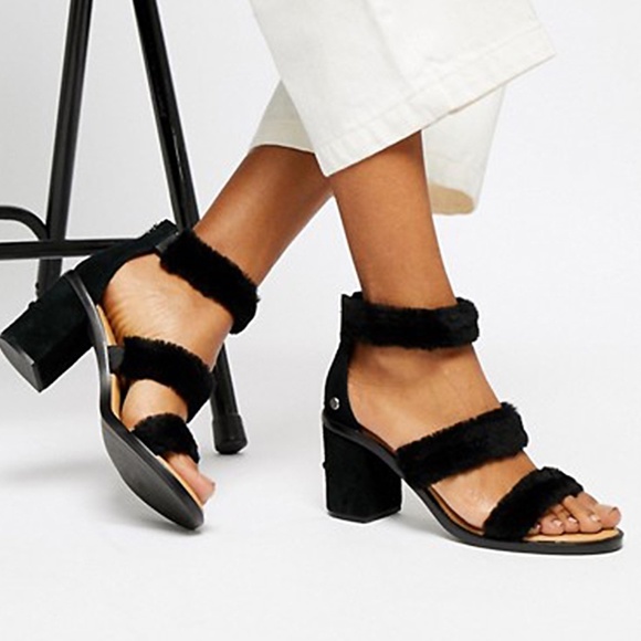 Ugg Del Rey Sheepskin Black Fluff Block Heel Sandal Open Toe Ankle Strap 6 37 - Picture 10 of 12